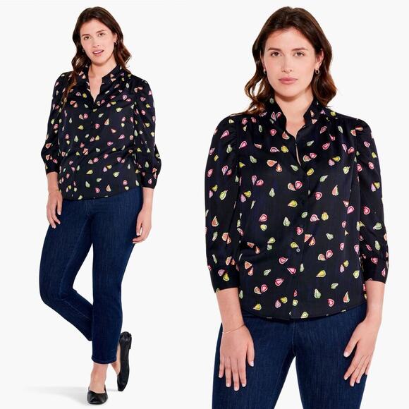 Nic + Zoe Party Pears Long Sleeve Button Up Blouse Black Size XL - Picture 1 of 8